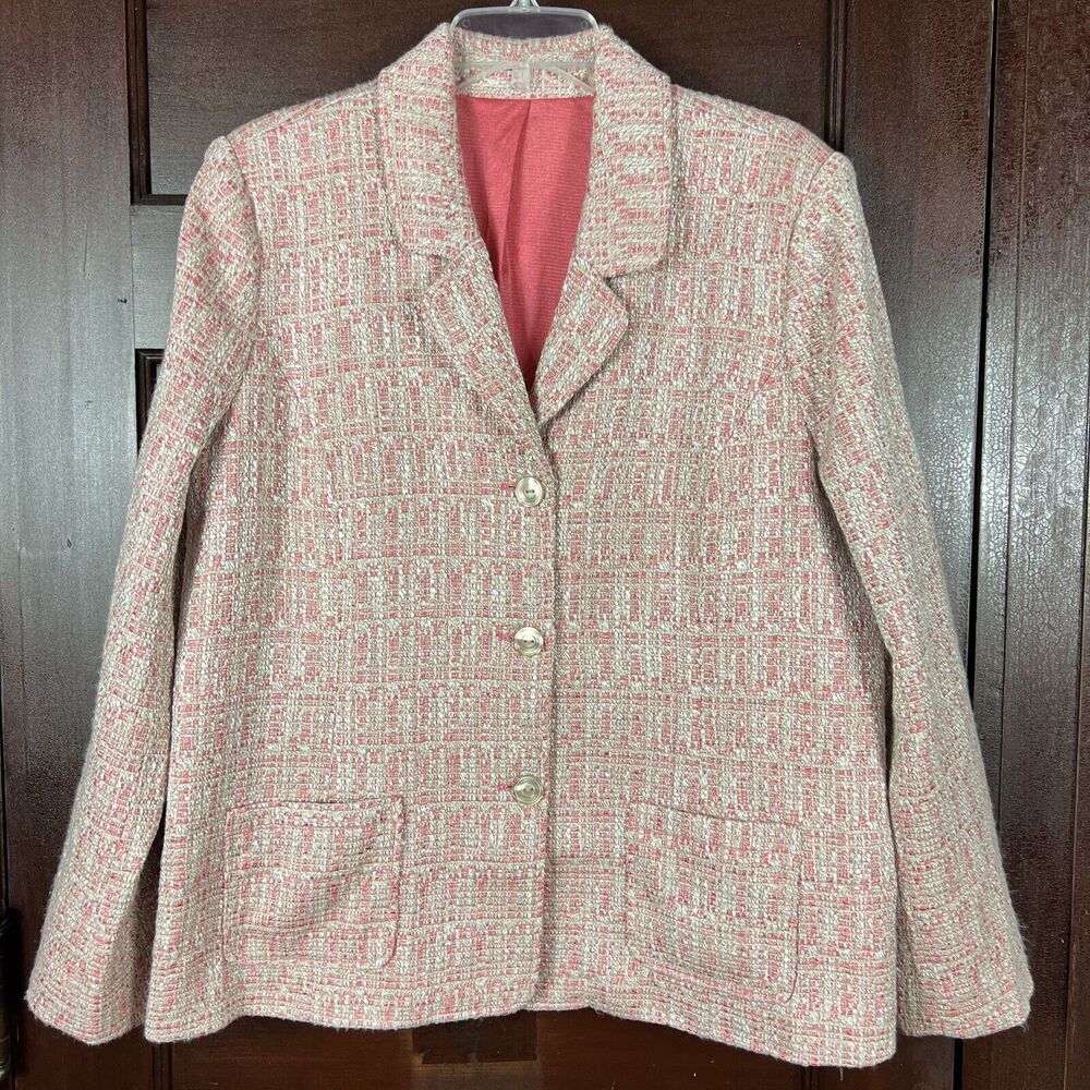 Retro Pink Plaid Boucle Blazer Women’s L? Jacket Barbiecore Career Lined Pockets